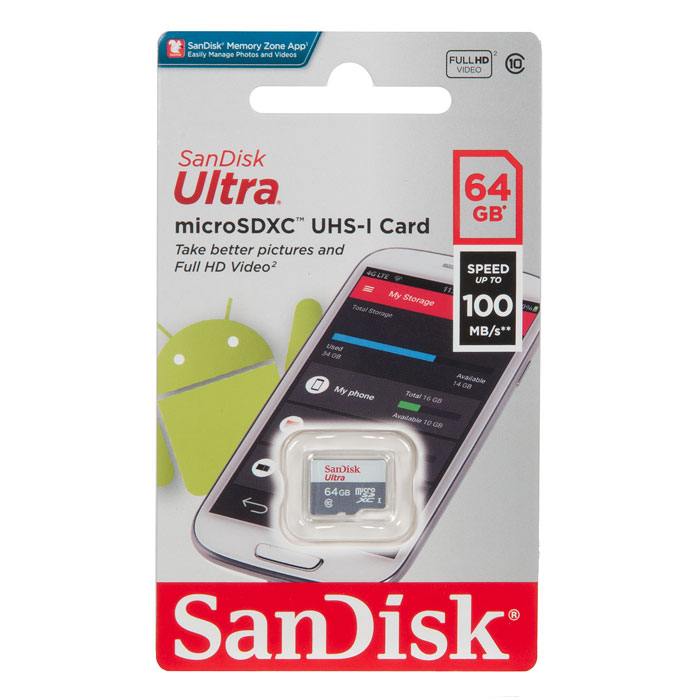 Карта памяти microsd sandisk ultra 64gb uhs i sdsqunr 064g gn3mn